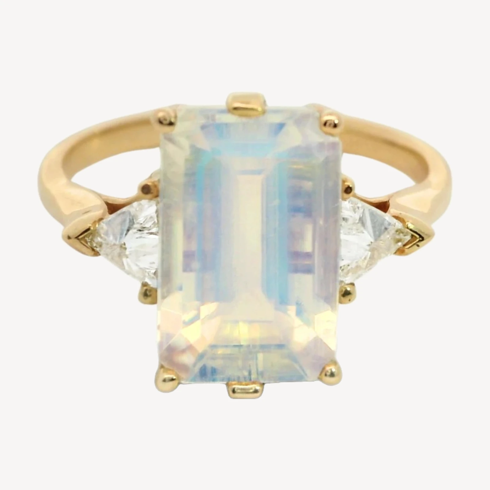 Bea Three Stone Ring - Yellow Gold, Rainbow Moonstone (11x7mm) & White Diamond