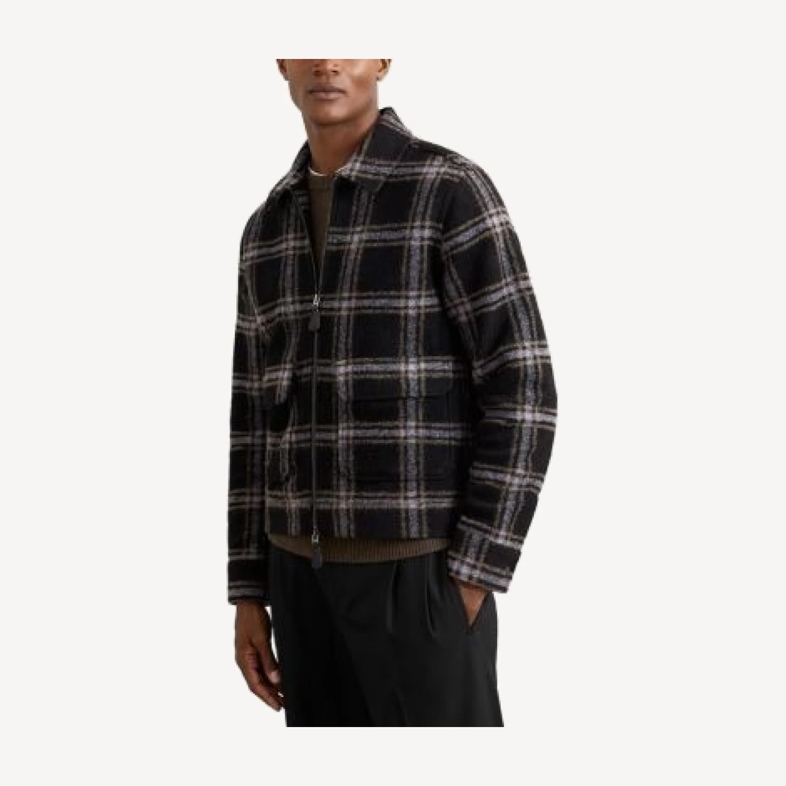 Reiss Varena Long Sleeved Zip Through Twin Pocket Check Overshirt