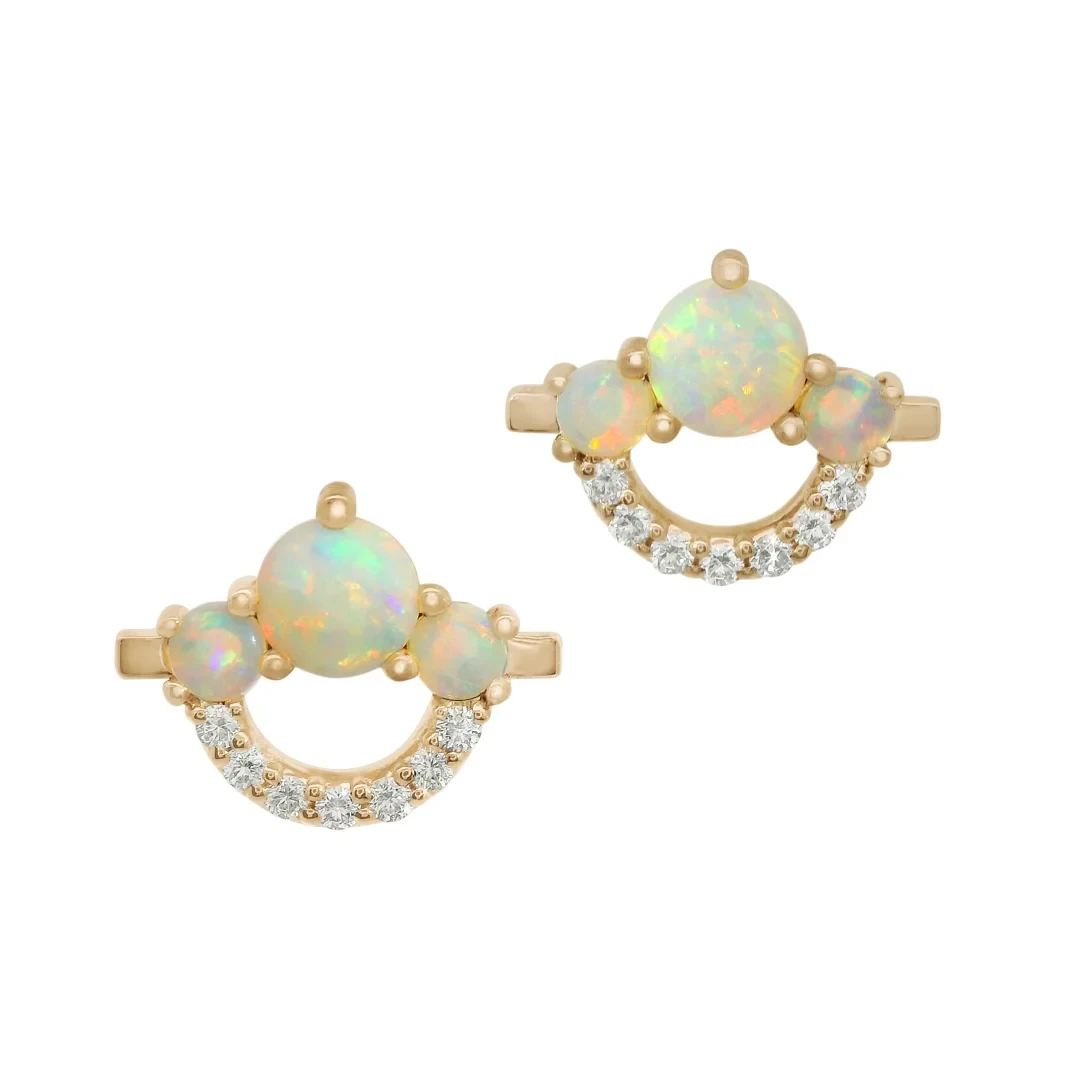 Three Stone Arc Pavé Stud Earrings (PAIR) - Yellow Gold, Opal & White Diamond