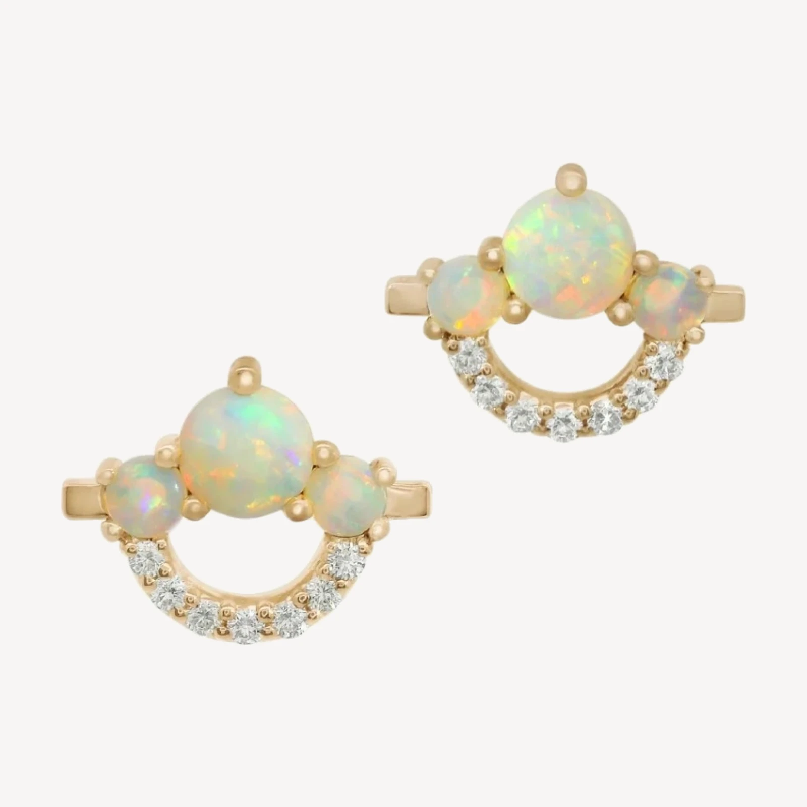 Three Stone Arc Pavé Stud Earrings (PAIR) - Yellow Gold, Opal & White Diamond