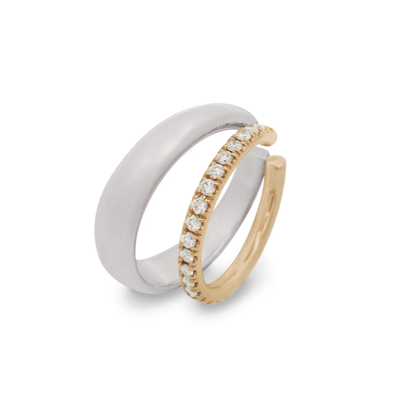 Double Stack Earring Cuff - Yellow Gold, Sterling Silver & White Diamonds