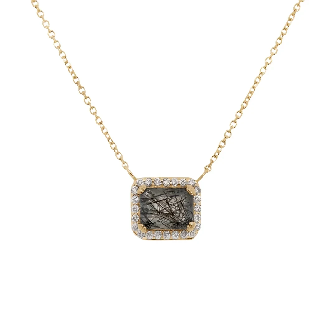 Attelage Halo Necklace - Yellow Gold, Black Rutile Quartz & White Diamonds