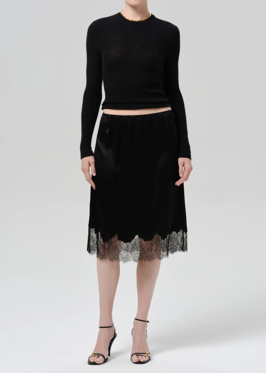 Lace Trimmed Japanese Hammered Satin Skirt in Black