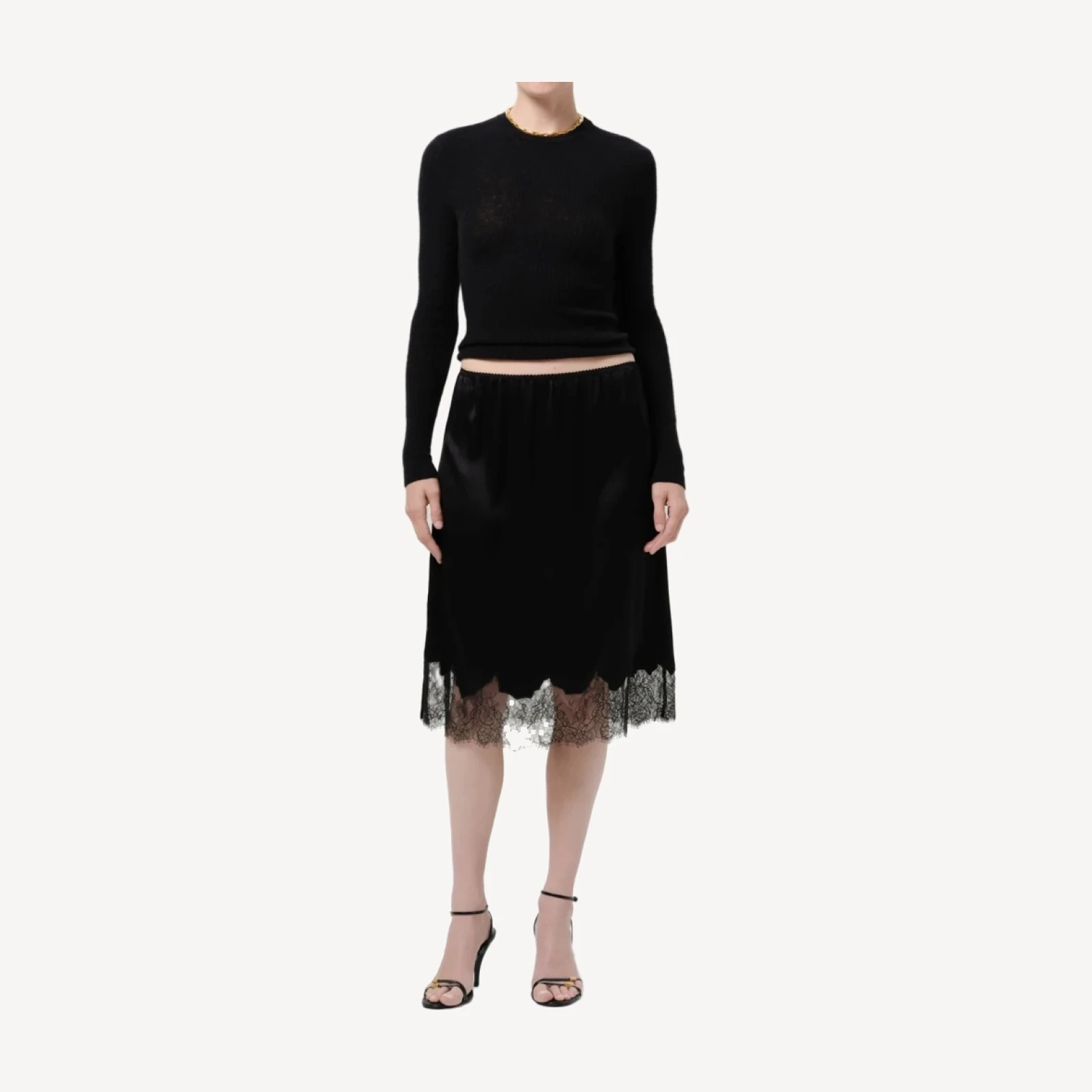 Lace Trimmed Japanese Hammered Satin Skirt in Black