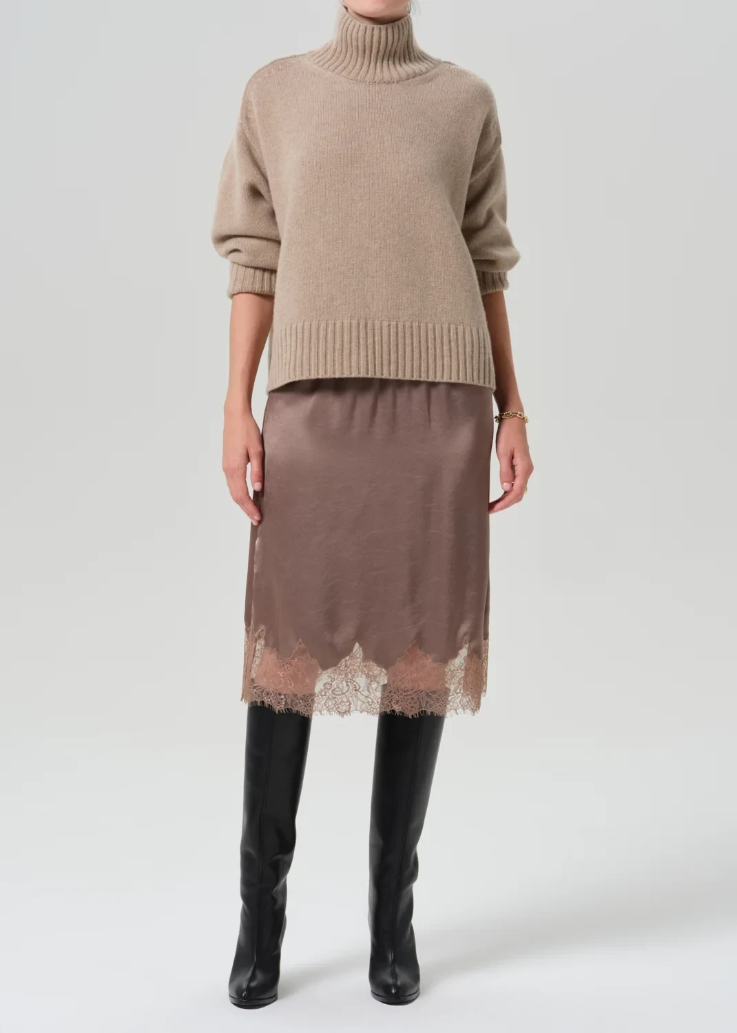 Lace Trimmed Japanese Hammered Satin Skirt in Cocoa