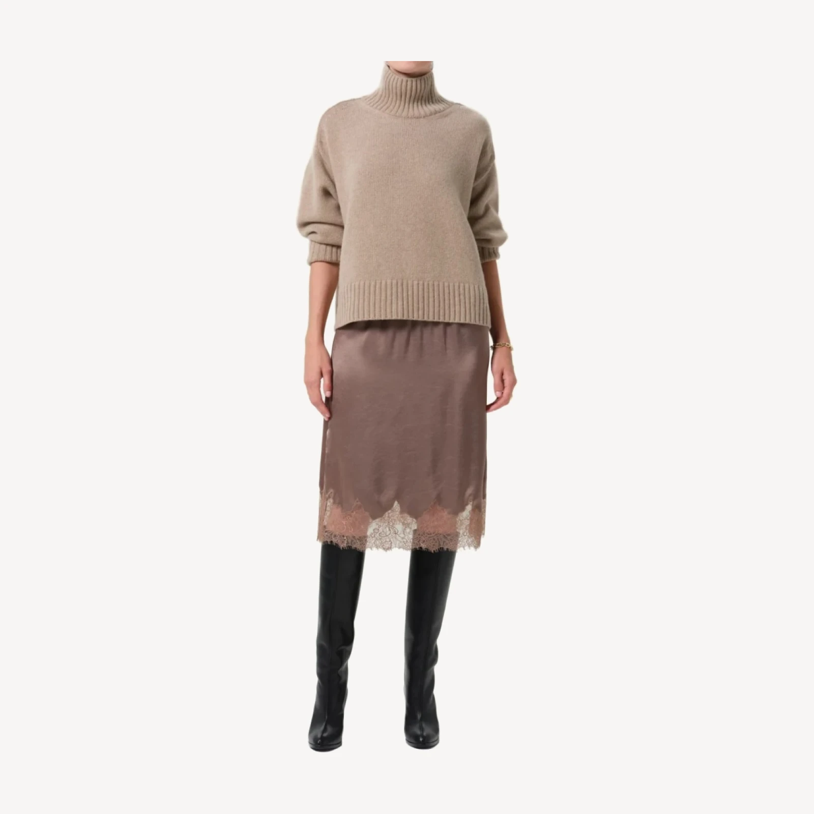 Lace Trimmed Japanese Hammered Satin Skirt in Cocoa