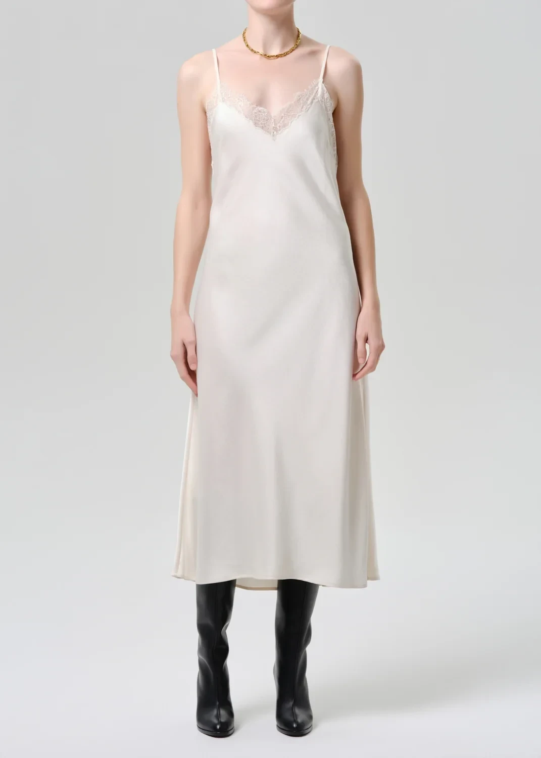 Lace Trimmed Japanese Hammered Satin Slip Dress in Cream