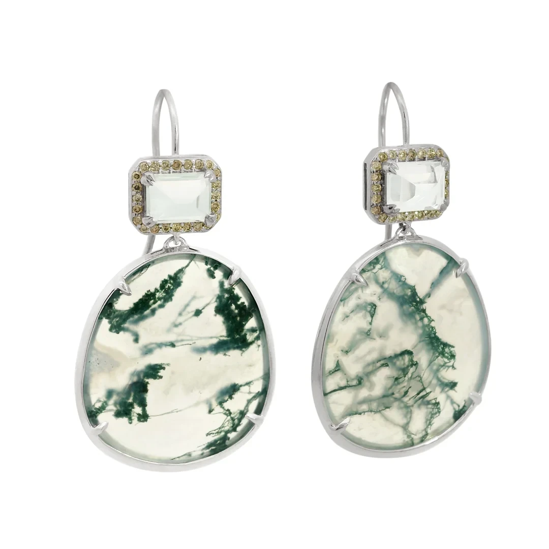 Attelage Halo Drop Earrings - Yellow Gold, Moss Agate & Quartz