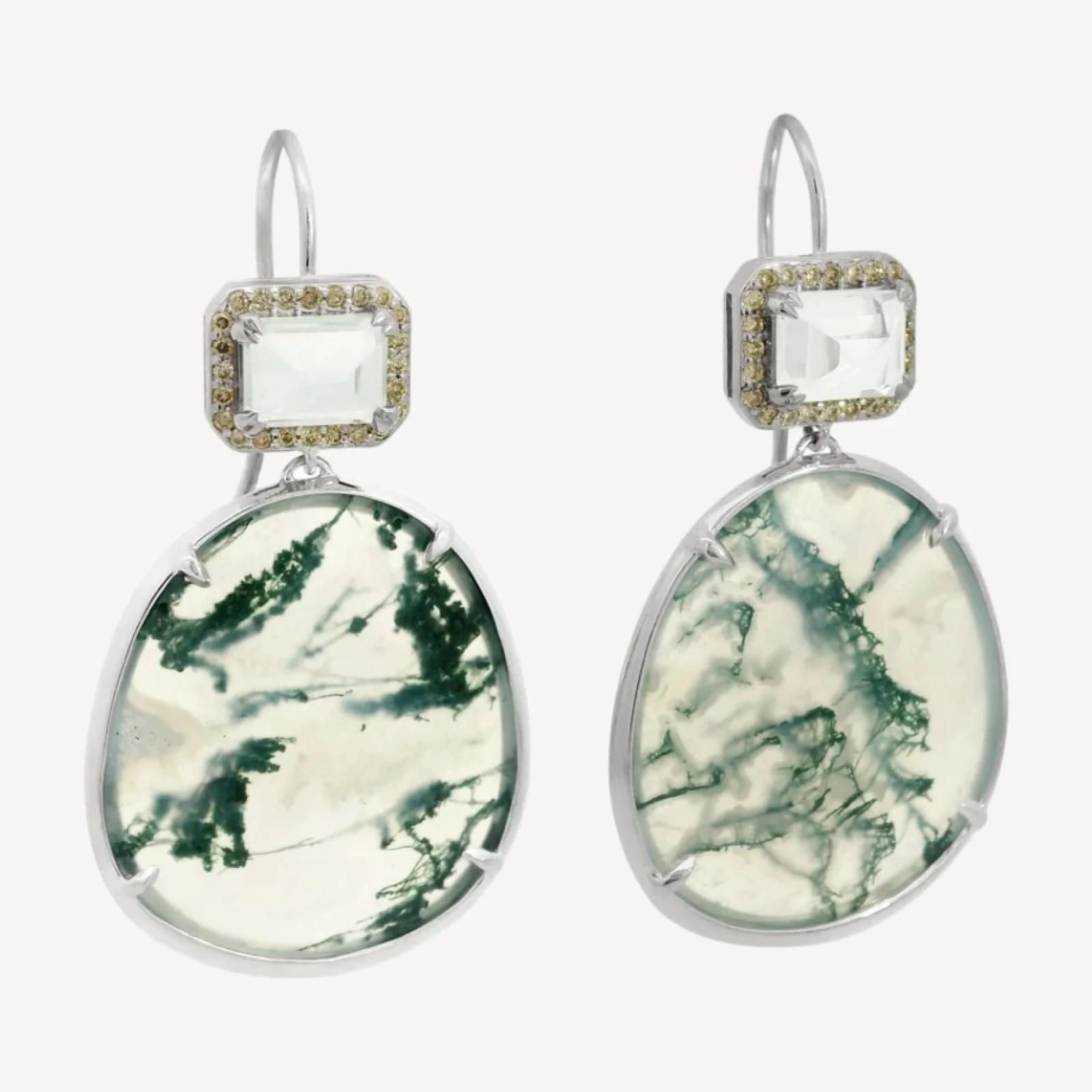 Attelage Halo Drop Earrings - Yellow Gold, Moss Agate & Quartz