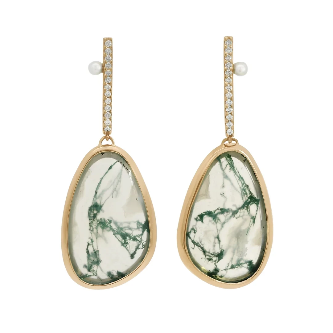 Diamond Dusted Drop Earrings - Yellow Gold, Moss Agate & Pearl