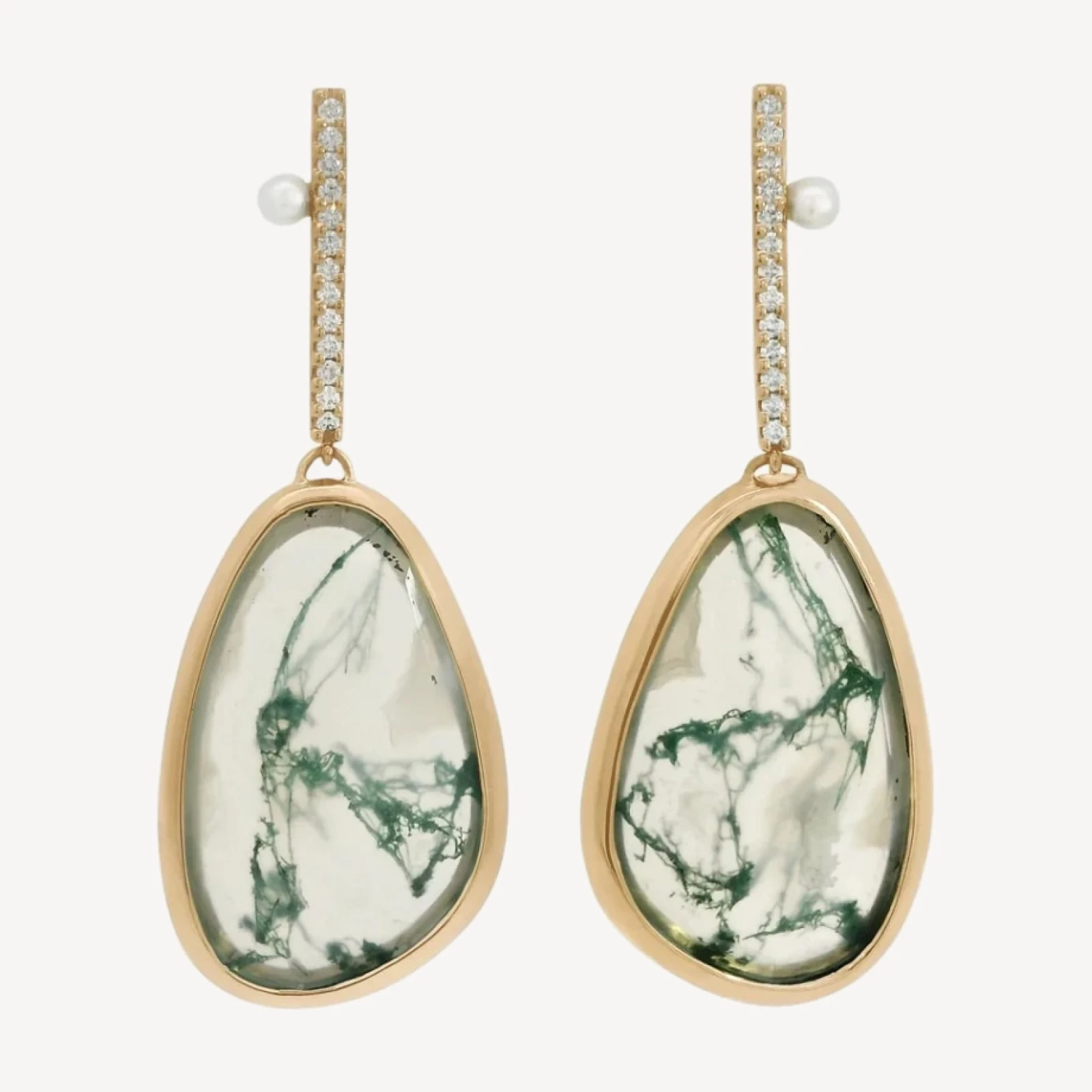 Diamond Dusted Drop Earrings - Yellow Gold, Moss Agate & Pearl