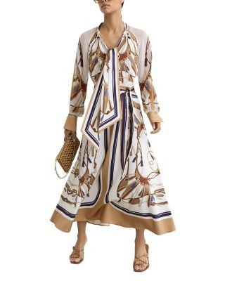 Reiss Ellie Placement Scarf Print Midi Dress