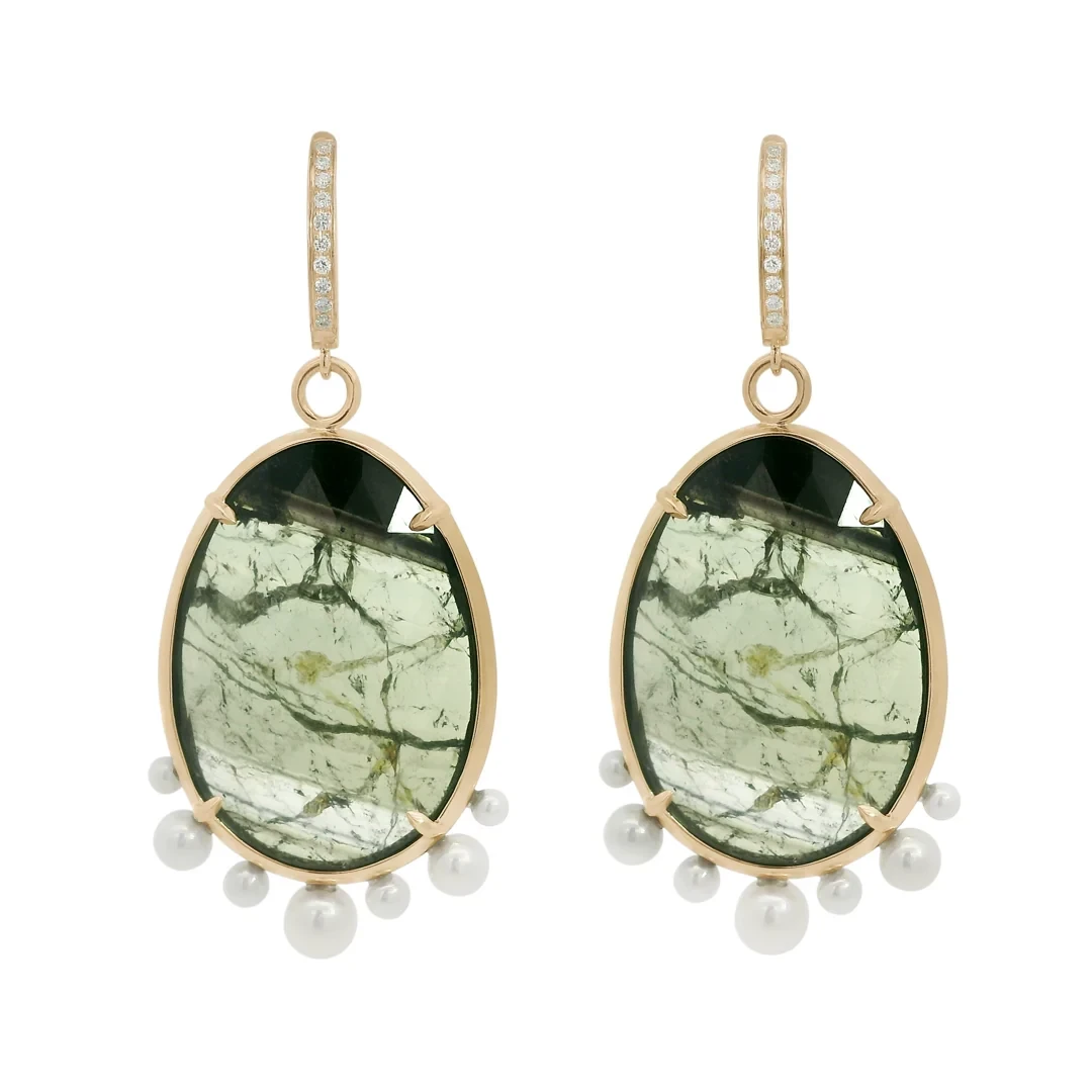 Tourmaline Drop Earrings - Yellow Gold, Tourmaline, Pearl & Diamond