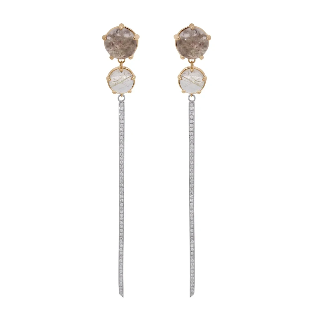 Terra Firma Double Drop Earrings (PAIR) - 14K Gold, Quartz & Diamond