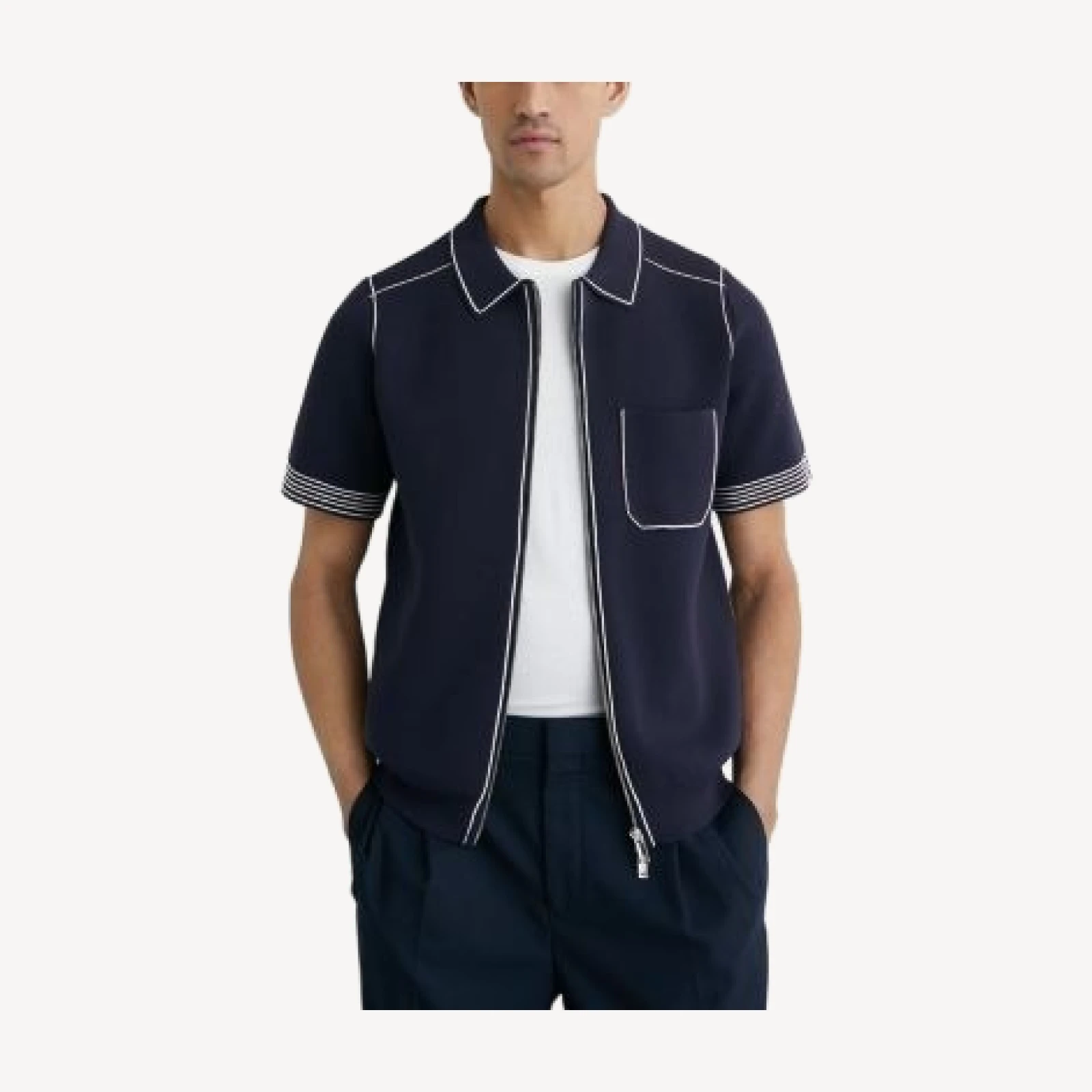 Reiss Blake Regular Fit Contrast Pipe Navy Shirt