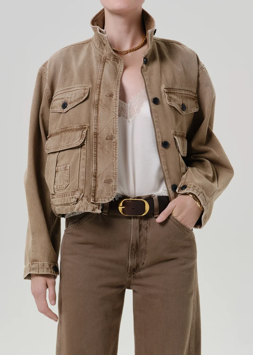 Funnel Collar Barn Jacket in Tan