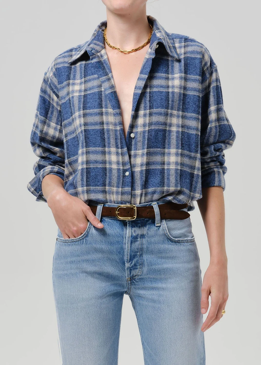 Ana Cropped Japanese Flannel Shirt in Marina Plaid