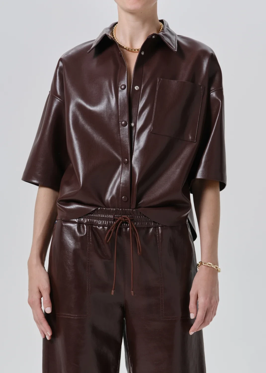 Frances Cropped Cape Recycled Leather Button Up in Burgundy