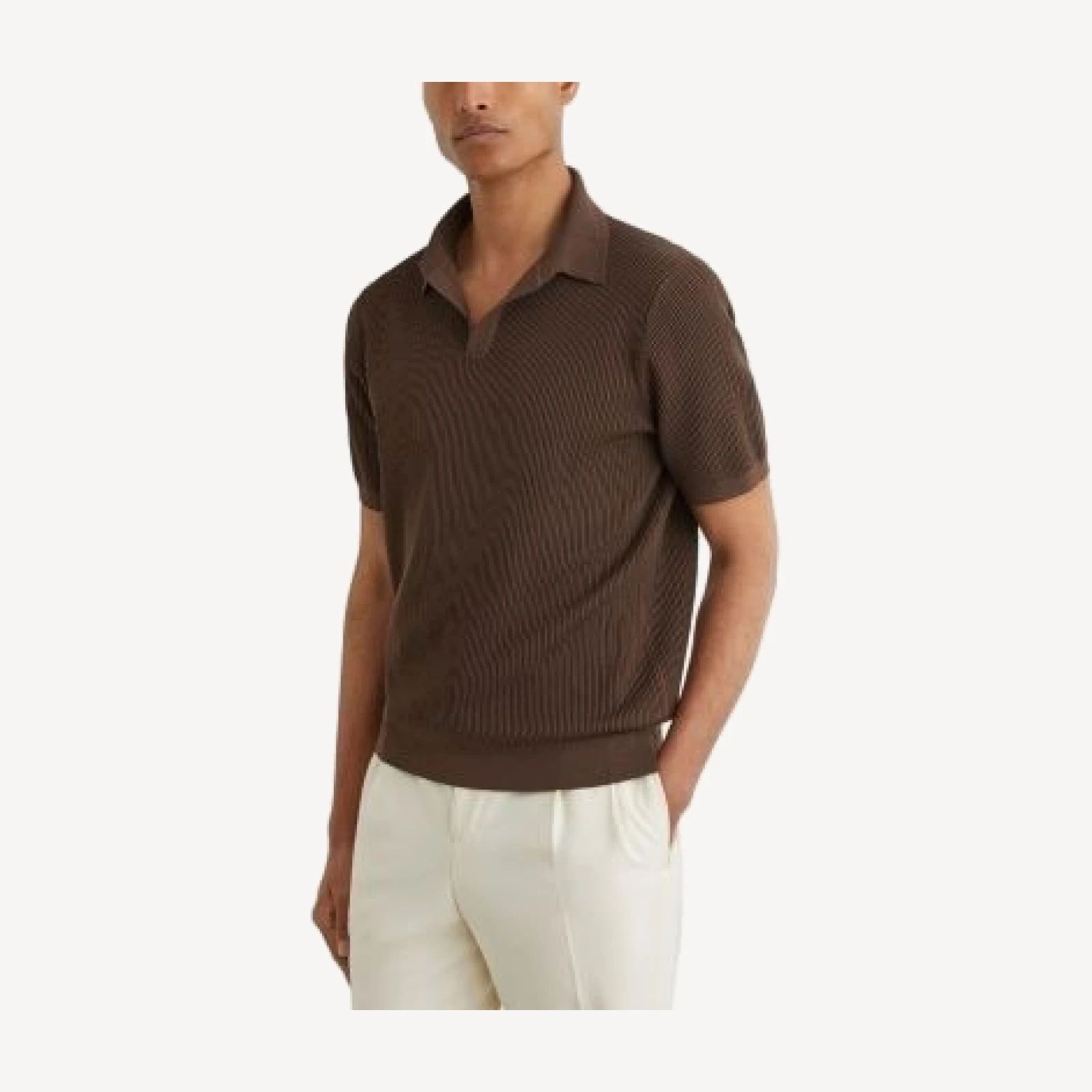 Reiss Ribbed Knit Open Collar Polo Shirt