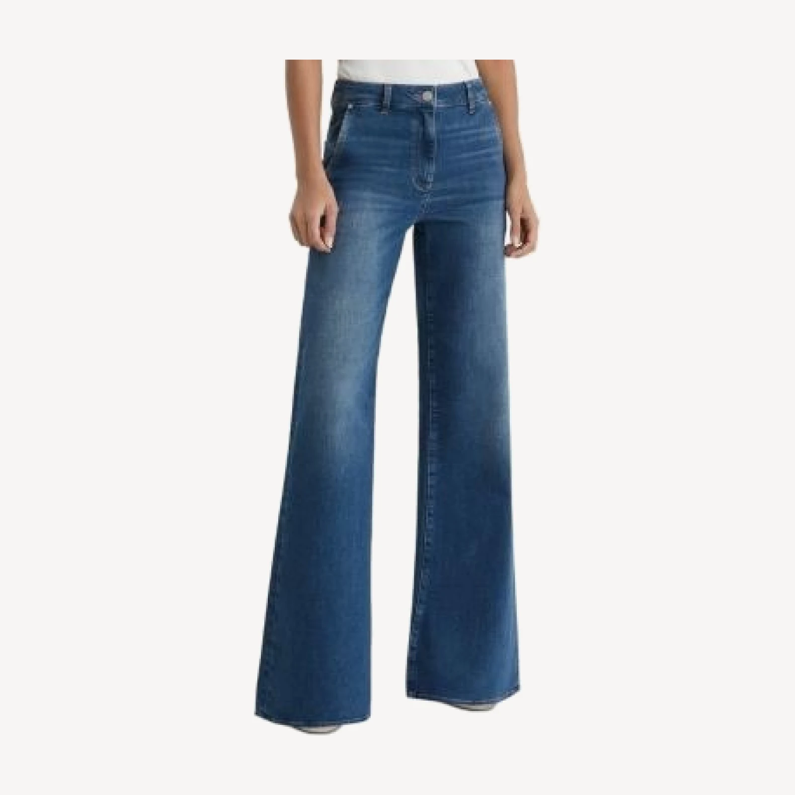 Reiss Petite Addie Cotton Blend Stretch High Rise Wide Leg Jeans in Mid Blue