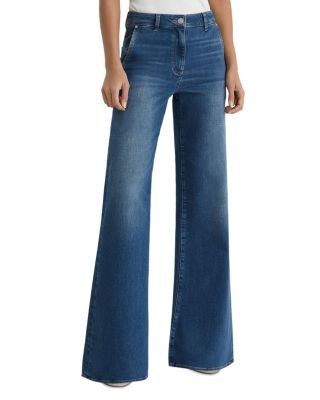 Reiss Petite Addie Cotton Blend Stretch High Rise Wide Leg Jeans in Mid Blue