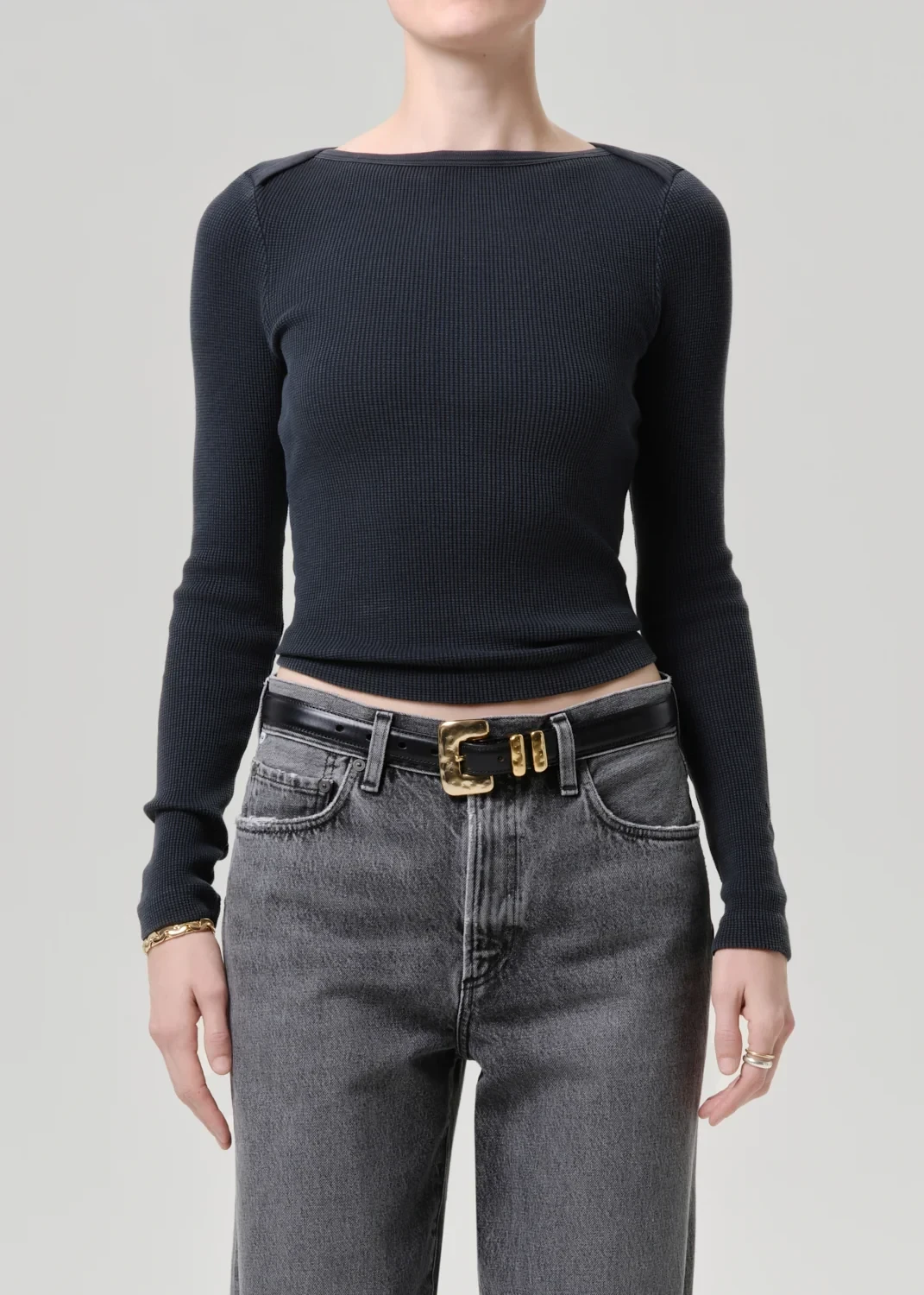 Long Sleeve Baby Waffle Tee in Washed Black
