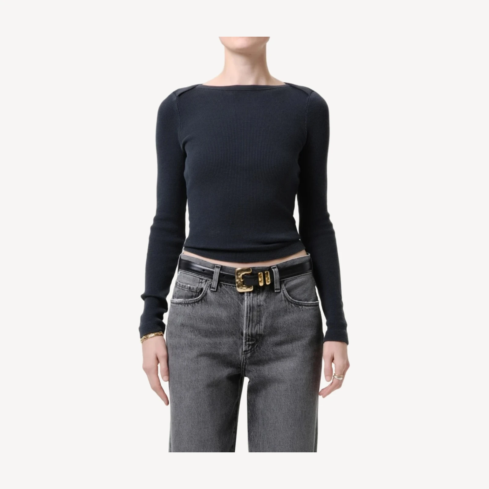 Long Sleeve Baby Waffle Tee in Washed Black