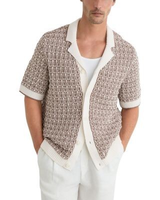 Reiss Penn Button Through Geometric Crochet Short Sleeve Cuban Shirt