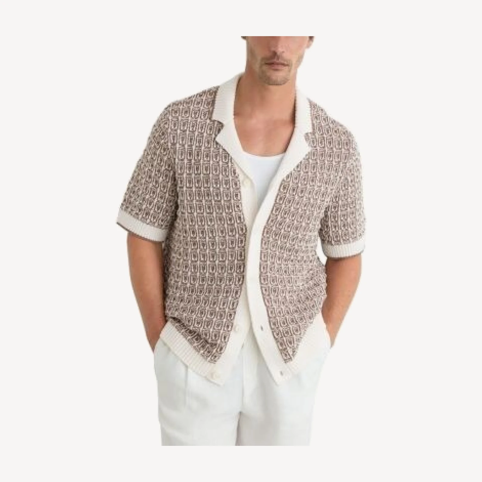 Reiss Penn Button Through Geometric Crochet Short Sleeve Cuban Shirt