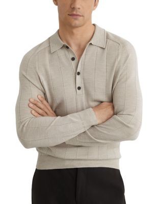 Reiss Greyson Ribbed Long Sleeve Merino Wool Polo