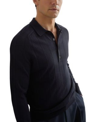 Reiss Greyson Ribbed Long Sleeve Merino Wool Polo