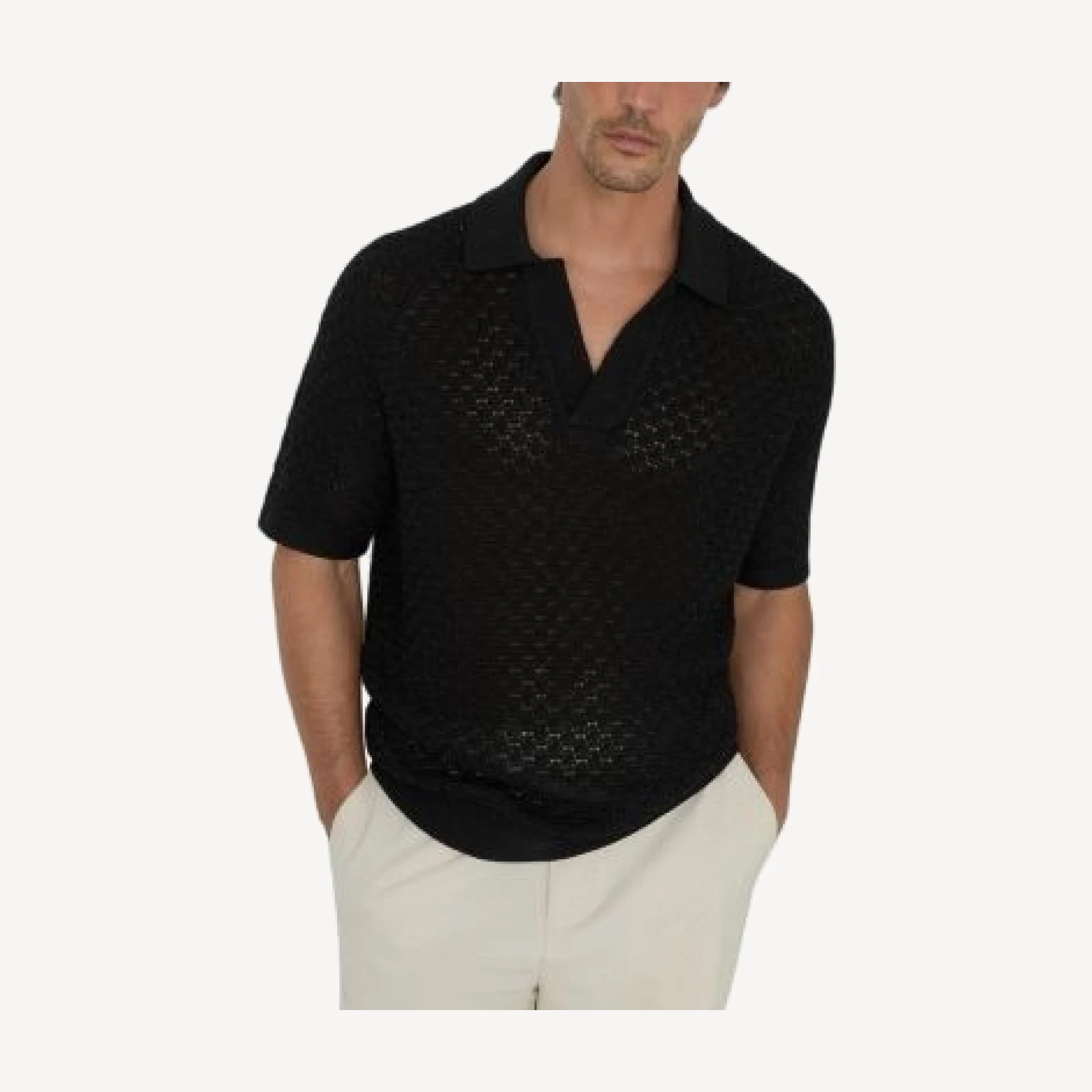Reiss Raffarty Cotton Blend Open Collar Crochet Polo Shirt