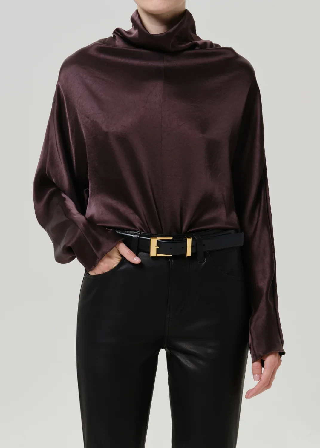 Ilaria Draped Japanese hammered Satin Top in Espresso