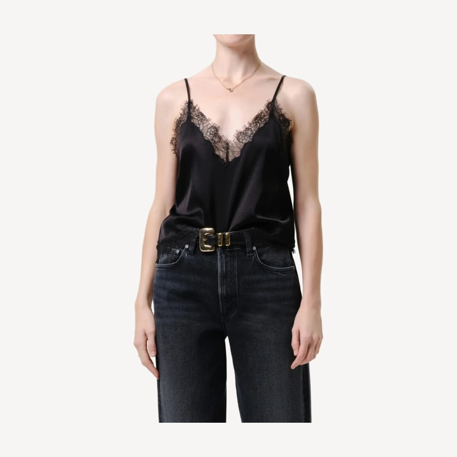 Lace Trimmed Japanese Hammered Satin Cami in Black