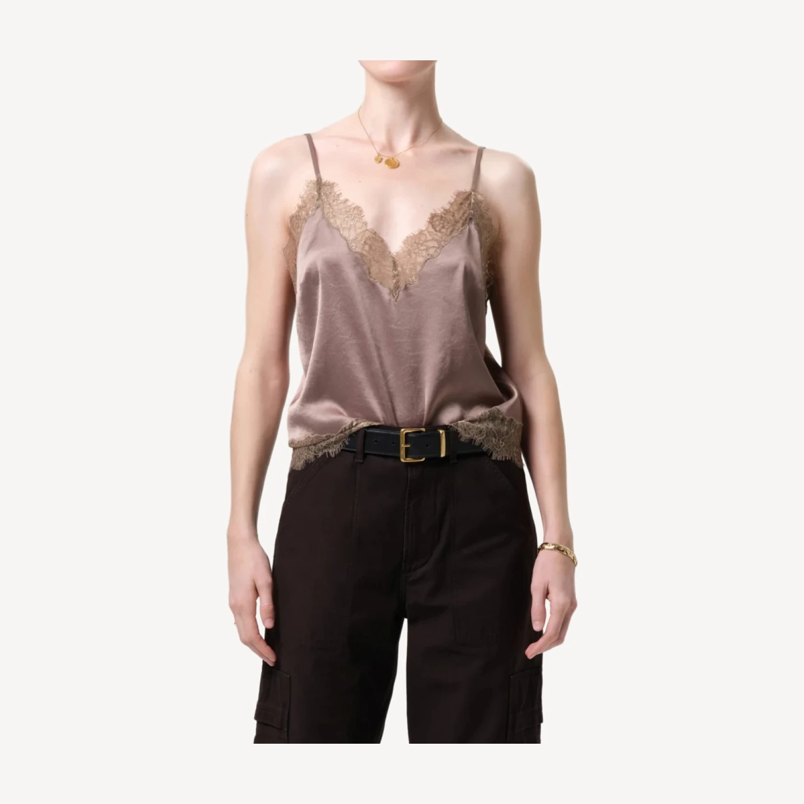 Lace Trimmed Japanese Hammered Satin Cami in Cocoa
