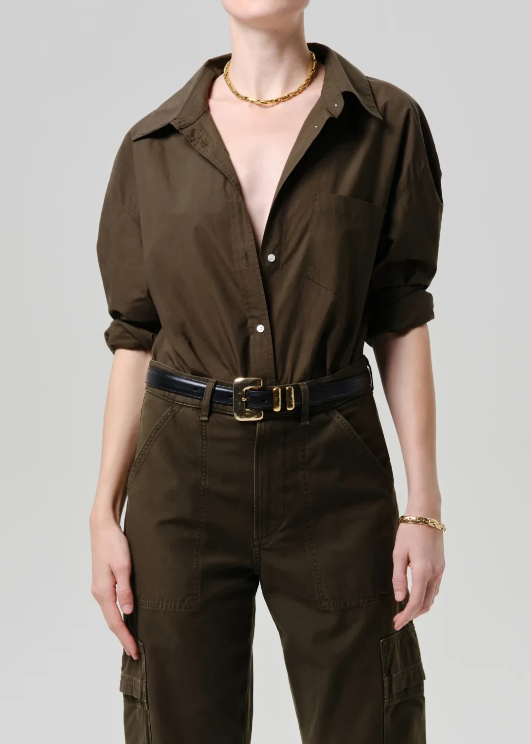 Thea Boyfriend Poplin Shirt in Dark Olive