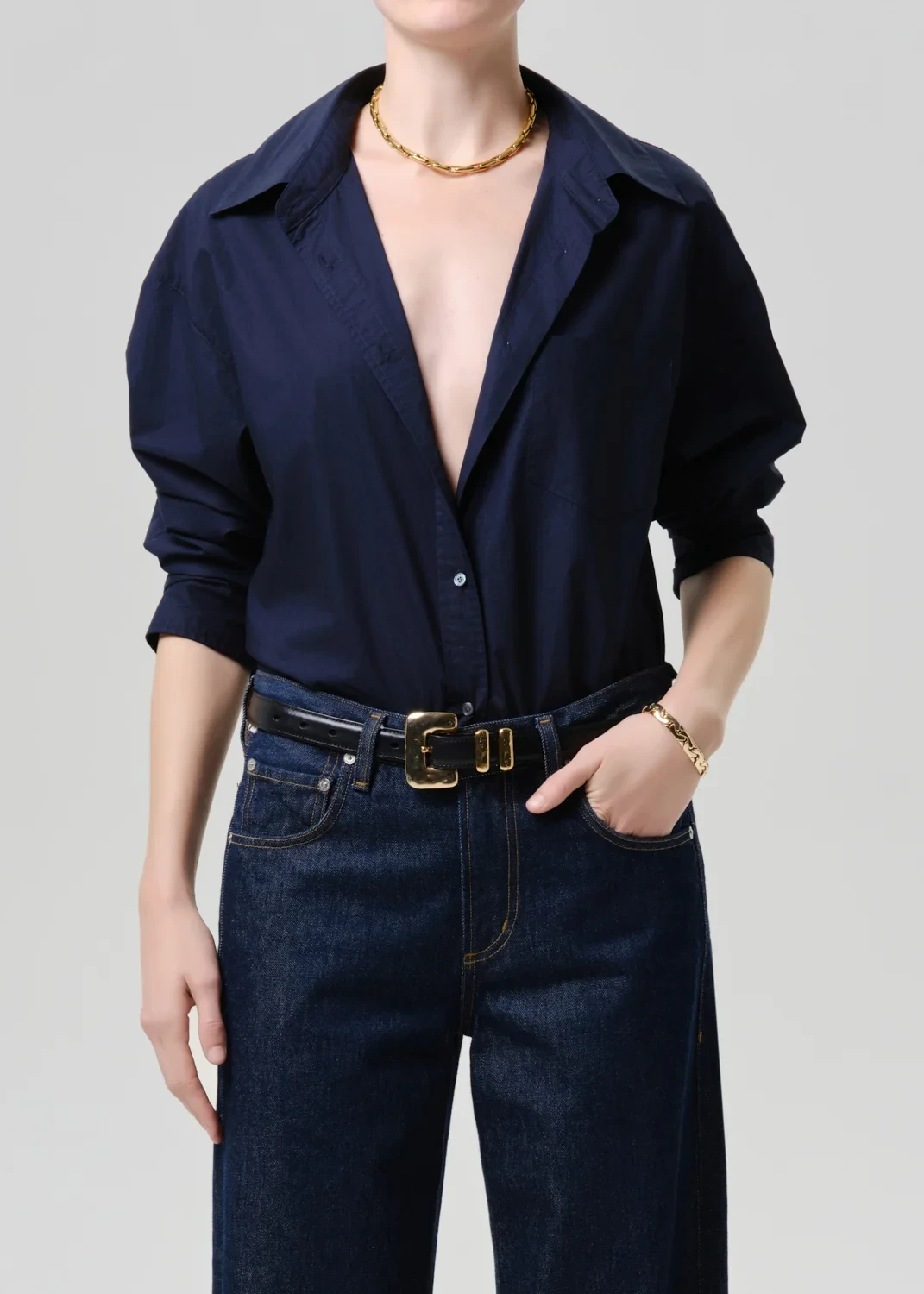 Thea Boyfriend Poplin Shirt in Navy