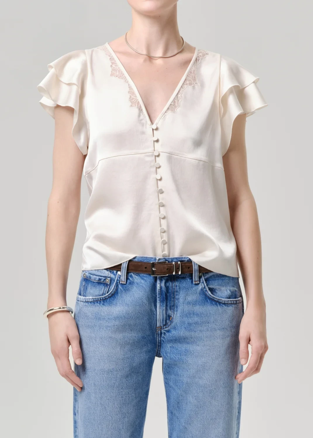Lola Flutter Lace Sleeve Japanese Hammered Satin Top in Cream