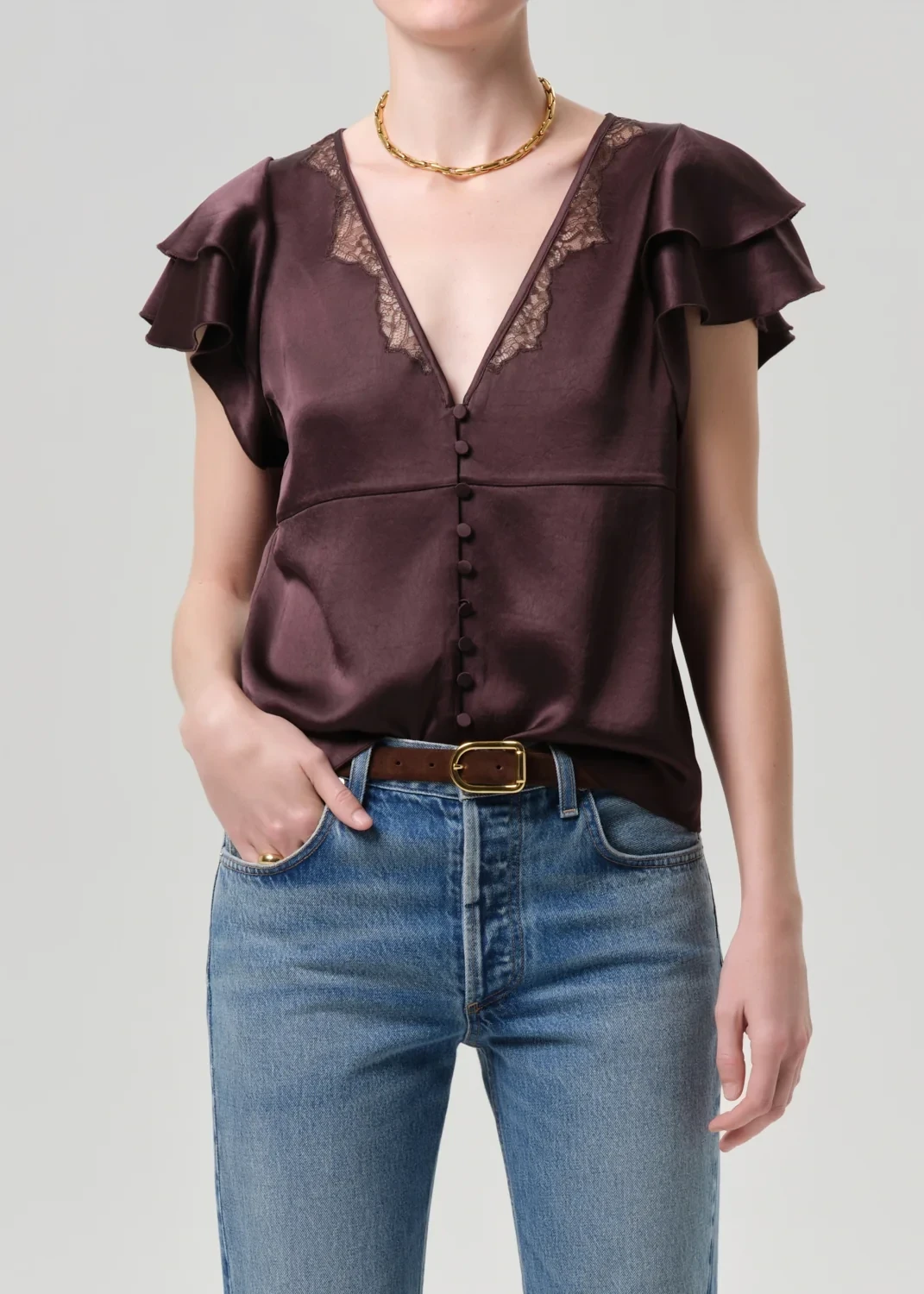 Lola Flutter Lace Sleeve Japanese Hammered Satin Top in Espresso
