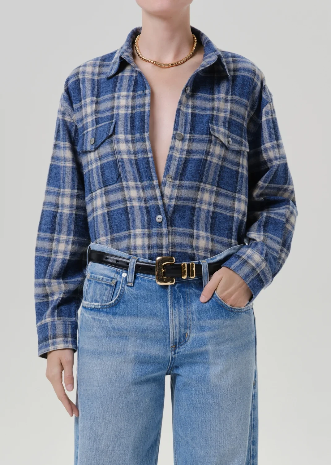 Vintage Long Button Up Japanese Flannel Shirt in Marina Plaid