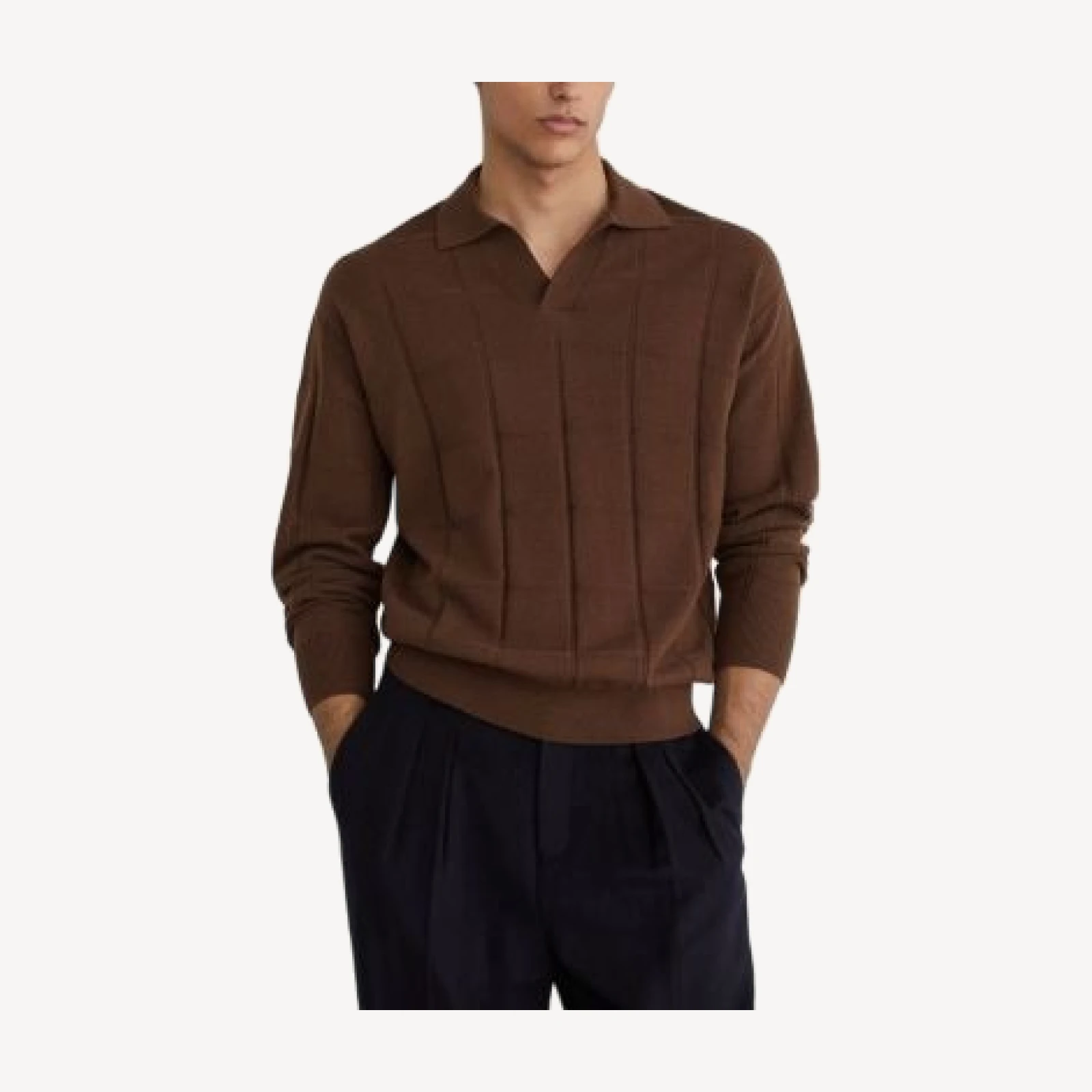 Reiss Compton Wool Open Collar Square Pattern Sweater
