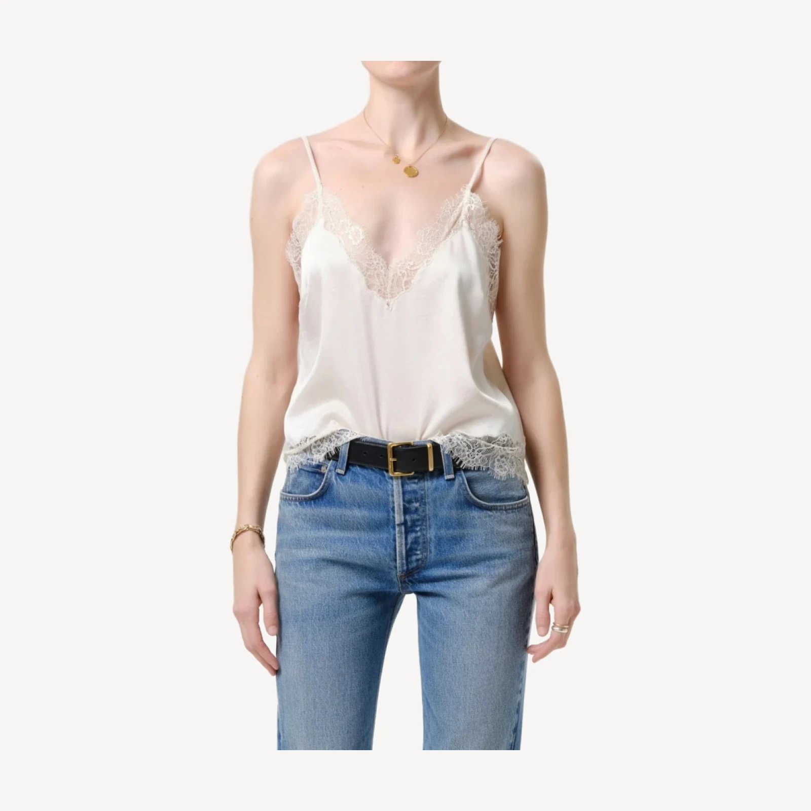 Lace Trimmed Japanese Hammered Satin Cami in Cream