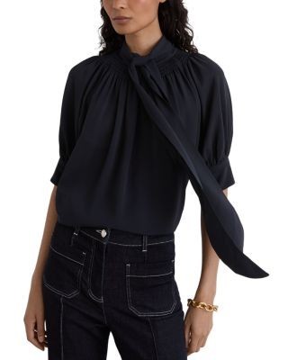Reiss Lerina Tie Neck Short Sleeve Top