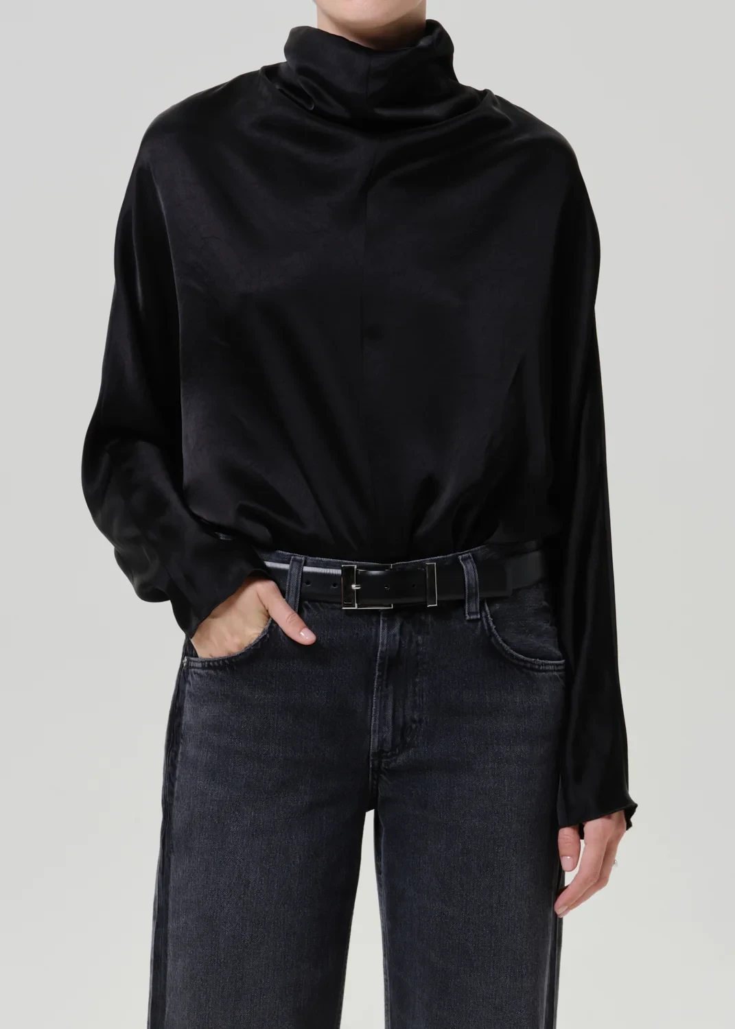 Ilaria Draped Japanese hammered Satin Top in Black