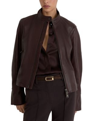 Reiss Erin Leather Stand Collar Zip Front Jacket