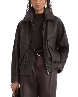Reiss Maeve Grained Leather Collared Jacket