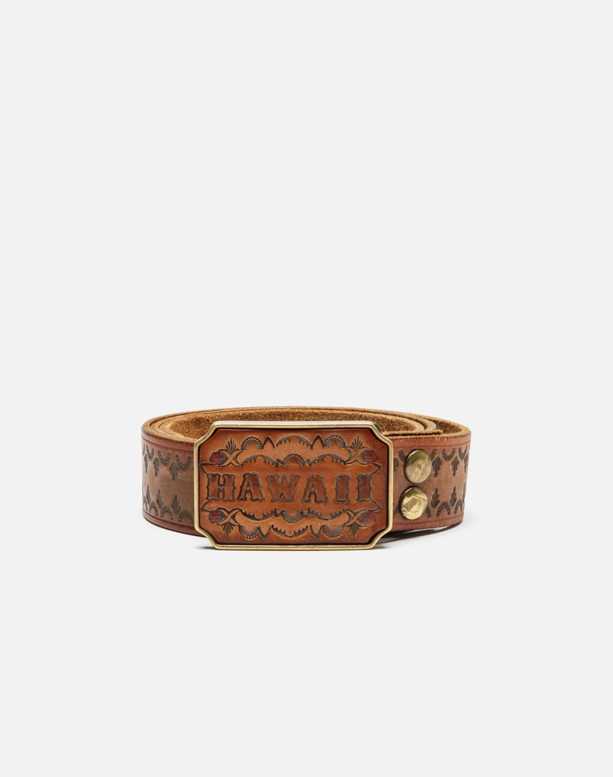 70s Hawaii Brass Buckle On Stamped Belt