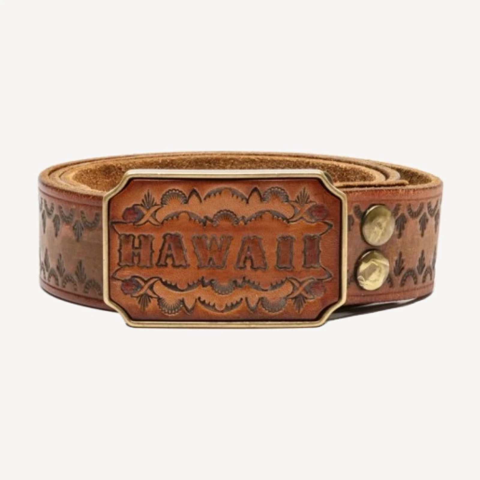 70s Hawaii Brass Buckle On Stamped Belt