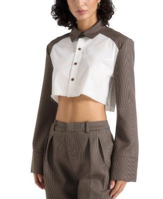 Maniere De Voir BernaDette Houndstooth Contrast Cropped Shirt