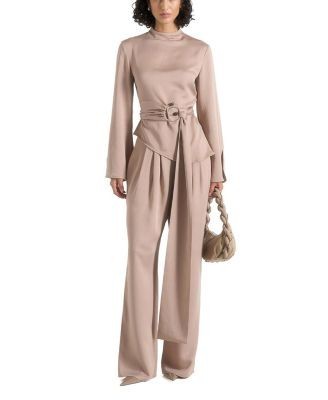 Maniere De Voir Aurore High Neck Pleated Jumpsuit with Wrap Waist